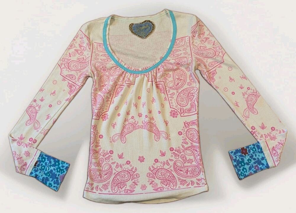 Vintage Y2K Scrapbook Thermal Top Small Paisley Bandana Boho Made USA Pink